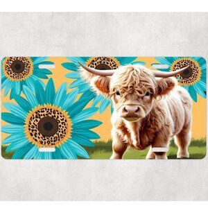 Sunflower Highland Cow Car Tag Custom Vehicle License Plate